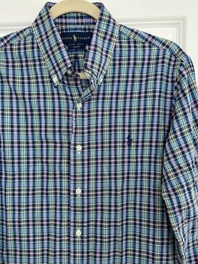 Ralph Lauren Slim Fit Blue Multicolor Plaid Oxford Long Sleeve Button-Down Shirt